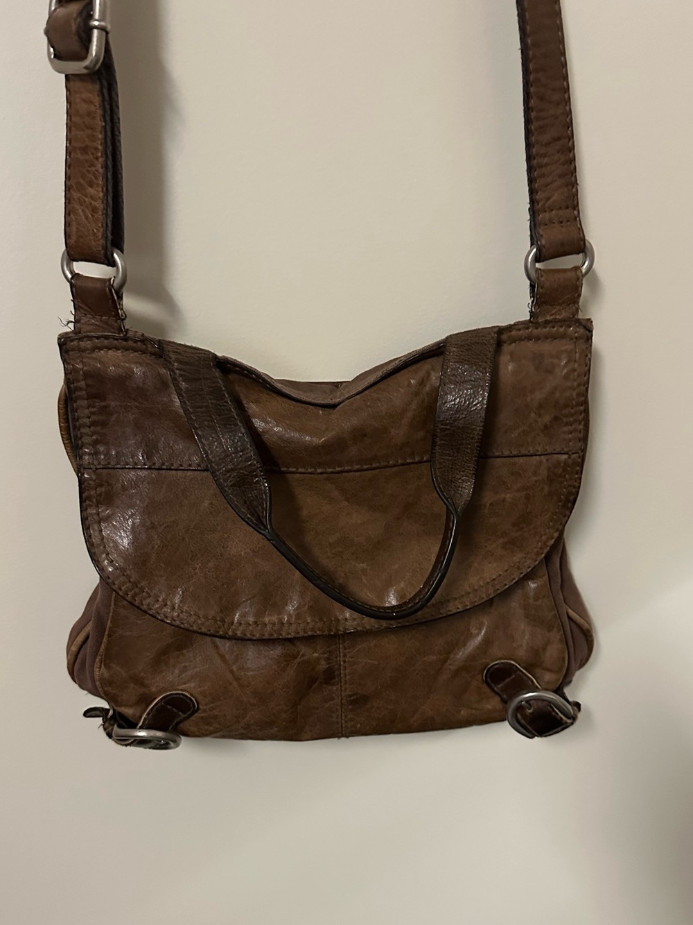 Fossil Lizette Crossbody Messenger Bag Handbag Brown Unisex Leather Canvas